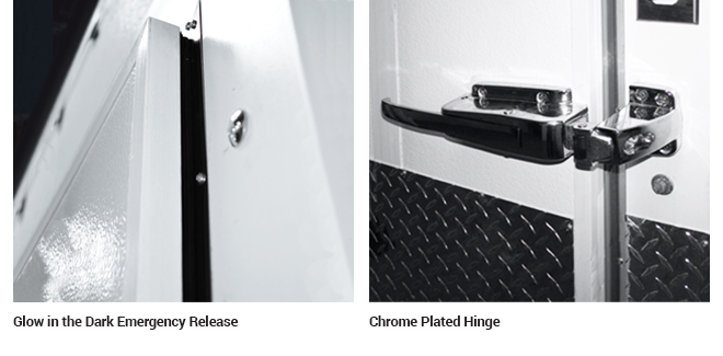 Glow in the dark emergency release and a chrom plated hinge for low temperature doors